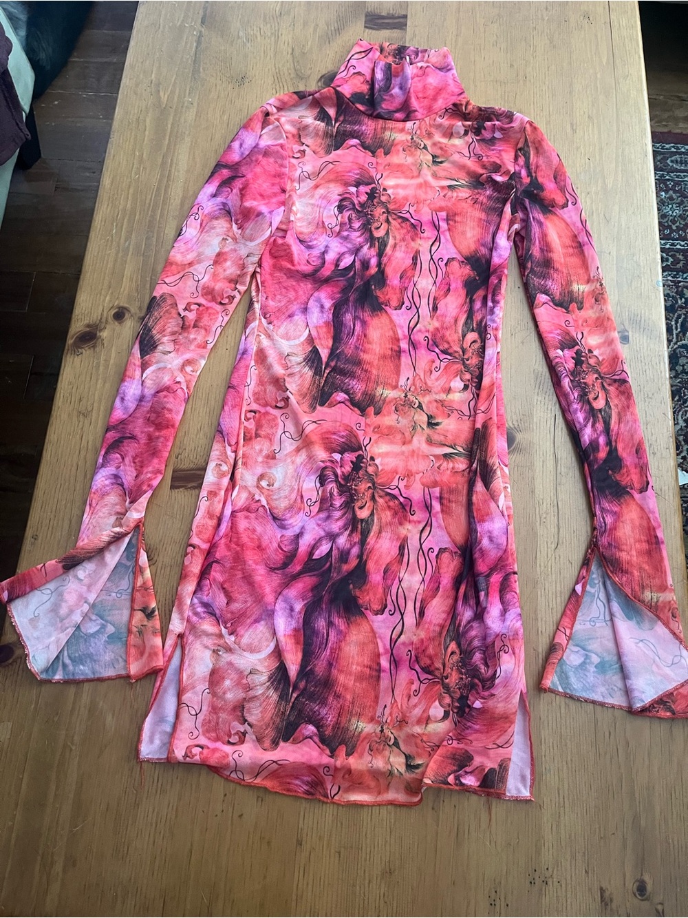 SHEIN Pink & Purple Mesh Abstract Long Sleeve Turtleneck Dress
